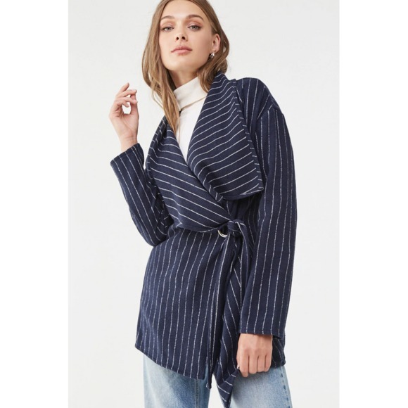 FOREVER 21 Woven Pinstripe‎ Trench Jacket Pea Coat - Picture 1 of 6